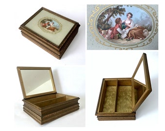Vintage Edwardian Style Gold Vanity Box with Mirror, Lovers Keepsake Box