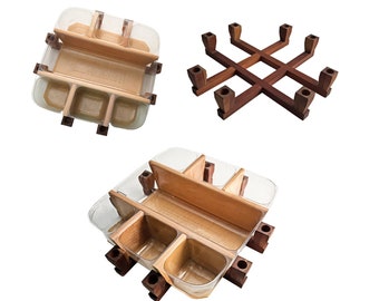 3pc Snack Caddy, Wood Snack Server with Plastic Liner, 7 Compartment Party Server with Candle Holders, MCM Wooden Snack Set Server Stand