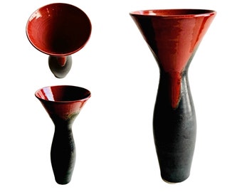 Jarrón de cerámica artesanal firmado, jarrón de cerámica vidriado rojo negro alto, jarrón de cerámica hecho a mano de 13 pulgadas de alto, jarrón de arte rojo negro, cerámica de arte