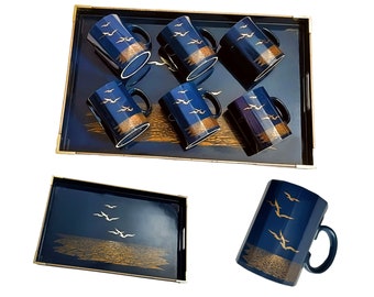 Juego de bandeja y taza de gaviota Otagiri, seis tazas de gaviota con bandeja grande, juego de servicio de gaviota de oro azul, bandeja de gaviota y tazas a juego de Otagiri