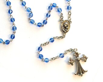 Faceted Blue Rosary, Blue Faceted Bead and Silver Rosary, 21 inch Silver Tone and Faceted Blue Rosary, Catholic Madonna and Child Rosary