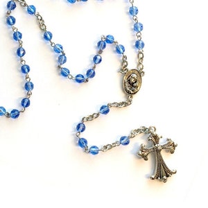 Faceted Blue Rosary, Blue Faceted Bead and Silver Rosary, 21 inch Silver Tone and Faceted Blue Rosary, Catholic Madonna and Child Rosary