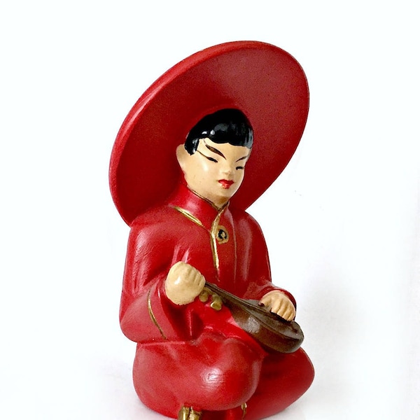 Red Asian Figure, Red Chalk Ware Seated Chinese Lute Player, Red Asian Musician Figure, Vintage Chalkware, United Gift Mfg 1952 Asian Figure