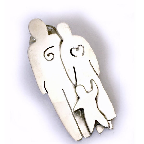 Silver 925 Family Pin, Sterling Silver Family of Three Pin, Silver Far Fetched Signed Family Figures Pin, Family Style Silver Tie Tack Pin