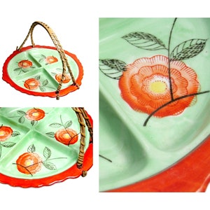 Handbemalte Blume Tashiro Shoten Ltd Geteilte Schale, Korbgriff Japanische Schale, Art Deco handbemalte Orange Grün Floral Japanische Servierplatte