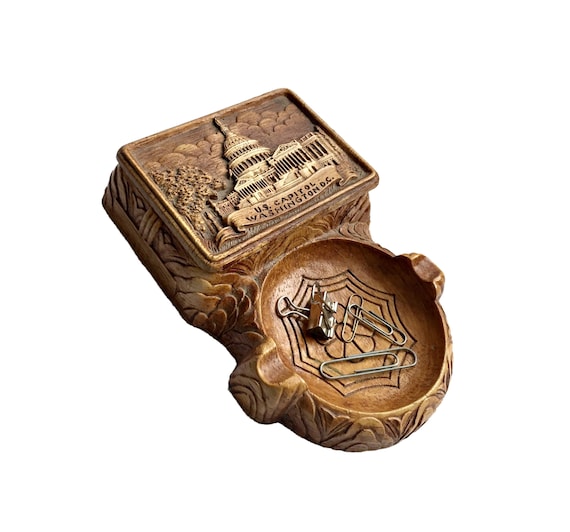 Vintage Washington DC Capitol Ashtray Box Set, Faux Wood Souvenir