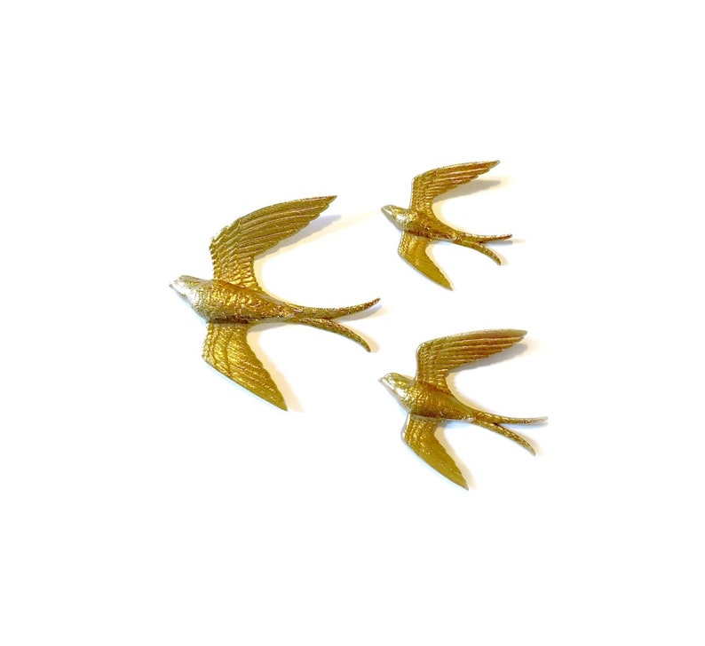 Golden Swallows, Bird Wall Art, Vintage Burwood Bird Hangings, 3 Gold Bird Wall Hangings, Flying Bird Art, Flying Swallow Wall Decor image 1