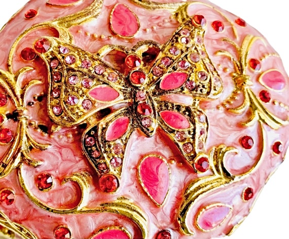 Pink Butterfly Enamel Trinket Box, Large Hinged E… - image 6