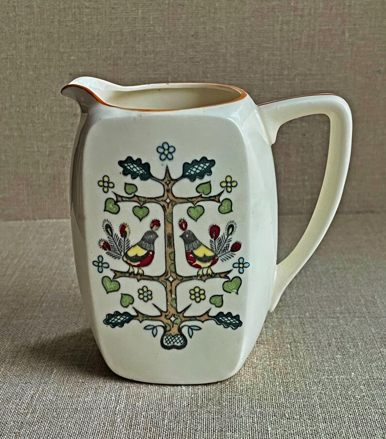 Tree Colorful Pitcher Folk Art Birds Tree Pitcher, Cottagecore Porcelain Vase, Vintage Made ...