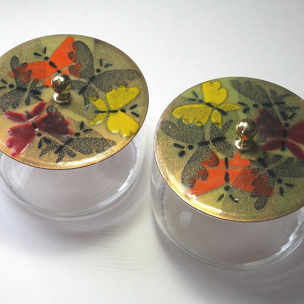 Butterfly Jars, Butterfly Copper Enamel Topped Jars, Set of Two Vintage Boxes