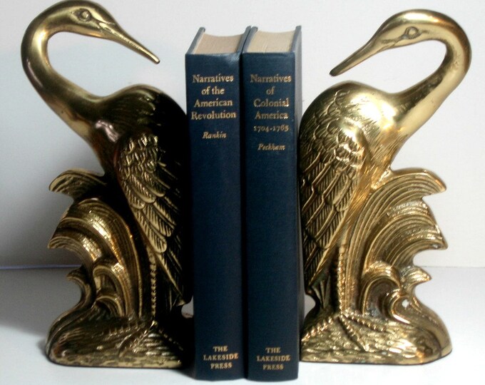 Brass Heron Bookends, Vintage Brass Bookends, Bird Bookends, Brass