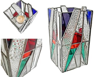 Stained Glass Votive Holder, Red Blue Green Clear Glass Votive Holder, Artisan Stain Glass Tower Votive Candle Holder, Lantern Votive Holder
