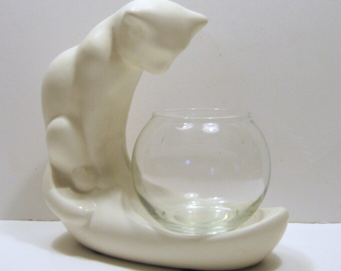 Vintage Haeger Cat Fish Bowl, White Bisque Cat Fish Bowl, Vintage Fish