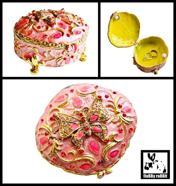 Pink Butterfly Enamel Trinket Box, Large Hinged E… - image 7