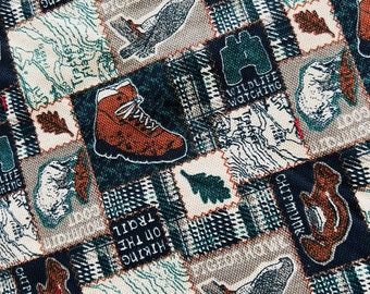 Cabin Quilt, Cotton Print and Flannel Cabin Quilt, Large Camp Lap Quilt, Camp Themed Quilt with Animals Hiking Outdoor Design and Patches
