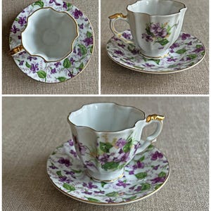 Purple Violet Demitasse Cup and Saucer, Vintage Saji Japan Espresso Cup with Norcrest Saucer, Japan Porcelain Violet Floral Cup and Saucer