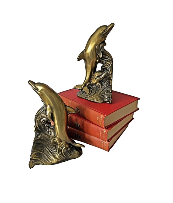 Brass Dolphin Bookends, Porpoise Brass Book Ends, Dolphin Bookends, Vintage  1975 S.C.C. Cast Metal Bookends, Brass Beach House Bookends 