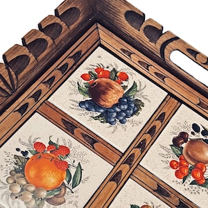 Mexican Hand Carved Wood and Fruit Tile Tray, Vintage Serving Tray, Large Ceramic Tile and Wood Tray with Handles, Large Serving Tray