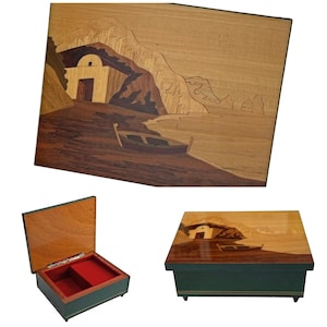 Italian Wood Inlay Music Box with Isle of Capri Design, Real Sorrento Marquetry Music Box, Island Seaside of Italy LIned Music Box