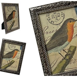 Marco de fotos de peltre ornamentado, marco de fotos de peltre vintage, marco de peltre de 4 x 6 pulgadas con detalles de hojas en relieve y caballete trasero, marco magnífico