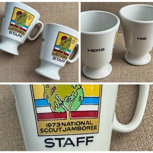 Set of Two 1973 Boy Scout National Jamboree Footed Coffee Mugs, HIS & HERS Jamboree Mugs, 2 Boy Scout Memorbilia Staff Coffee Mugs