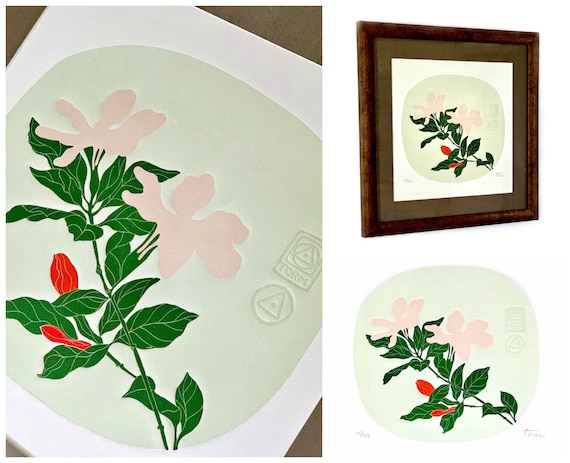 ローズルージュ　アンドレ・コタボ　鉛筆サイン　フランス　美術品　希少 ヴィンテージアジアンスタイルのカラーエンボス加工凹版画