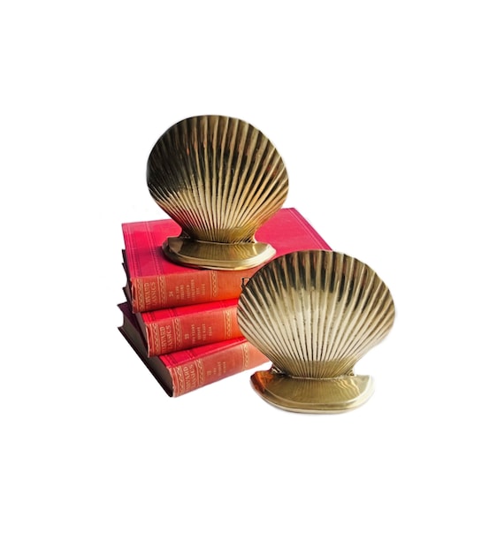Brass Scallop Shell Bookends, Large Scallop Shell Brass Book Ends