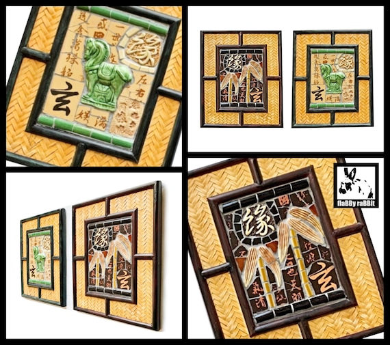 Vintage Asian Mosaic Framed Art, Two Mosaic Asian Framed Art