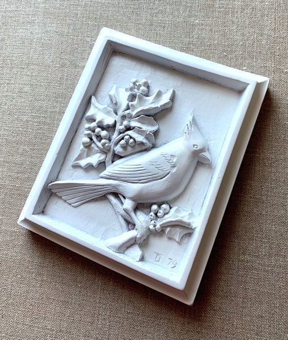 White Cardinal Faux Wood Wall Plaque, Cardinal Bird & Holly Branch Decor