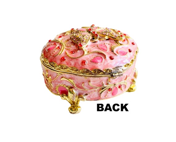 Pink Butterfly Enamel Trinket Box, Large Hinged E… - image 10