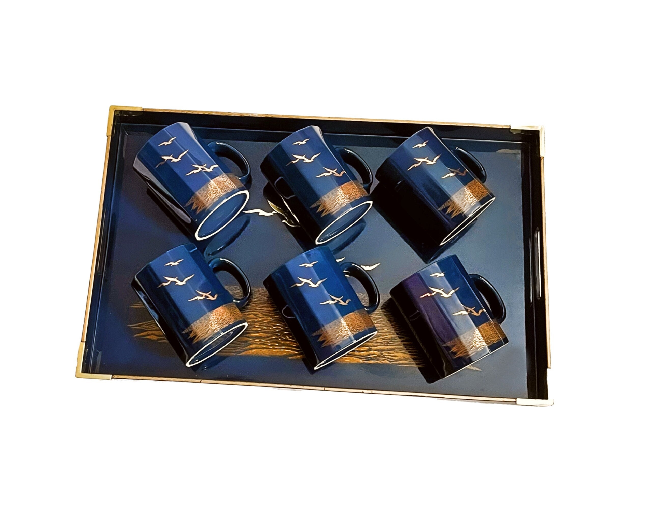 Otagiri Seagull Tray and Mug Set, Six Seagull Mugs with Large Tray, Blue Gold Seagull Serving Set, Seagull Tray & Matching Mugs by Otagiri