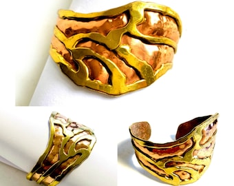 Mixed Metal Brutalist Style Curved Cuff Bracelet, Copper Brass Brutalist Bracelet, Vintage Handmade Cuff Bracelet, Copper Modernist Bracelet