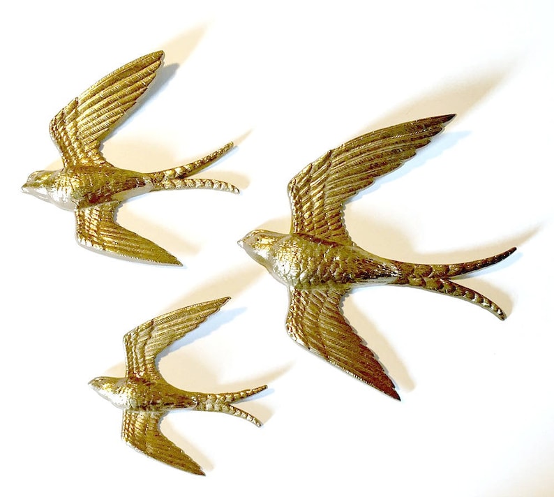 Golden Swallows, Bird Wall Art, Vintage Burwood Bird Hangings, 3 Gold Bird Wall Hangings, Flying Bird Art, Flying Swallow Wall Decor image 3