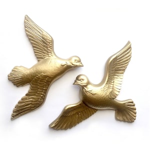 Golden Doves, Bird Wall Art, Vintage Burwood Bird Hangings, 2 Gold Peace Dove Wall Hangings, Flying Bird Art, Gold Dove Nursery Wall Decor
