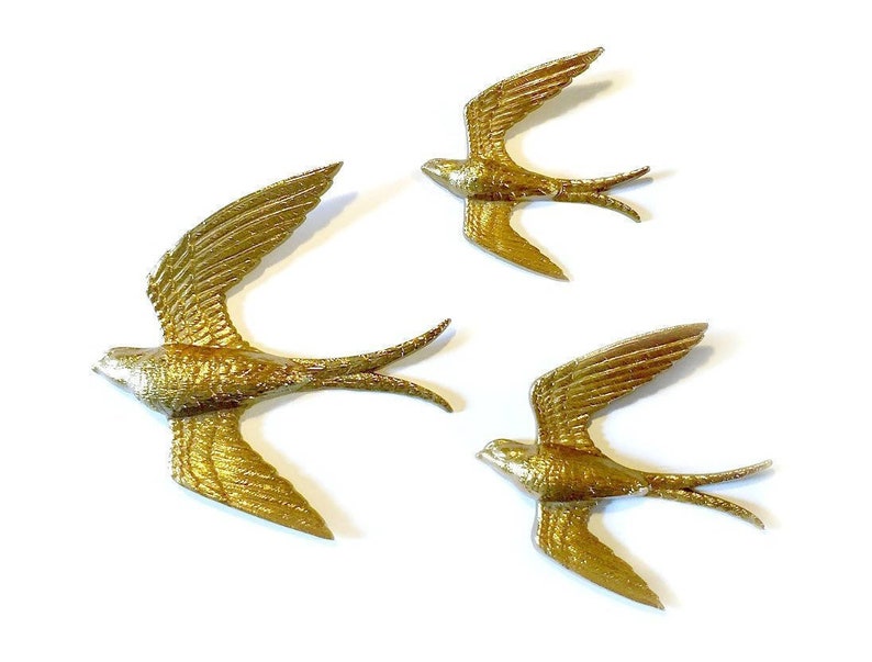 Golden Swallows Bird Wall Art Vintage Burwood Hangings 3 Gold Flying Swallow Decor