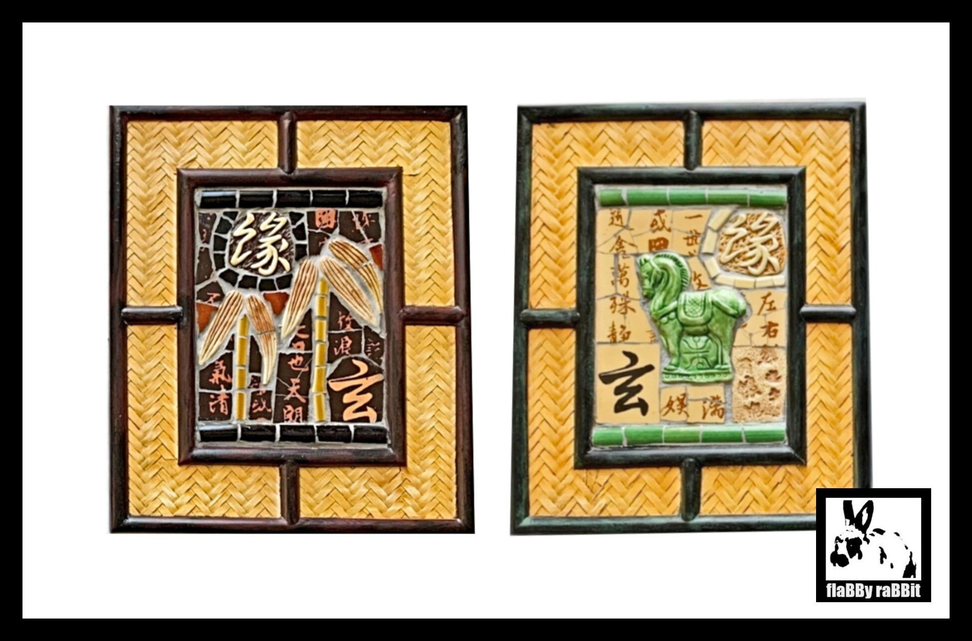 【セット売り】 絵画 真作 長尾 和 「装い」　「憩う」 日本 Vintage Asian Mosaic Framed Art, Two Mosaic Asian Framed Art