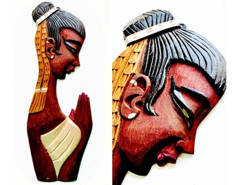 Wood Carved Woman Goddess Wall Art, Carved Painted Vintage Tribal Woman, Carved Asian Woman Praying Wall Decor, Black Tribal Wood Art