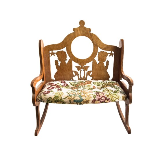 Handcrafted Doll Rocking Chair, Wooden Angel Carving Back Tapestry Seat Doll Chair