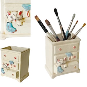 Cat in Dresser Planter, Cat Ceramic Pencil Holder, Naughty Cat Planter, Cat Pencil Cup, Cat Brush Holder, Funny Ceramic Cat Plant Holder