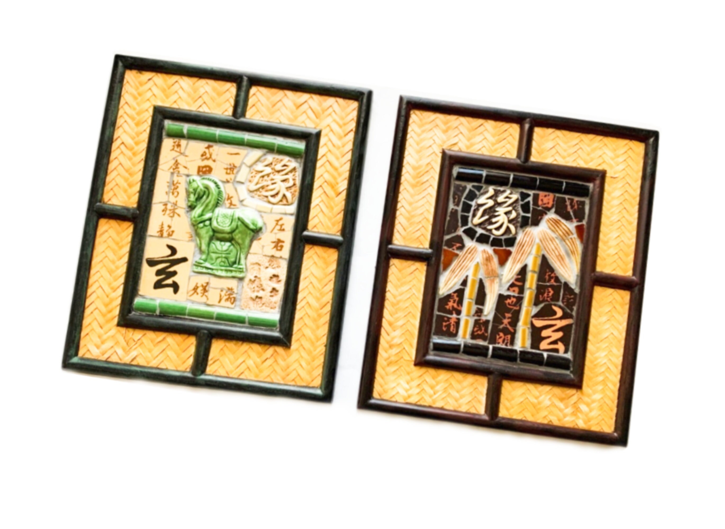 Vintage Asian Mosaic Framed Art, Two Mosaic Asian Framed Art