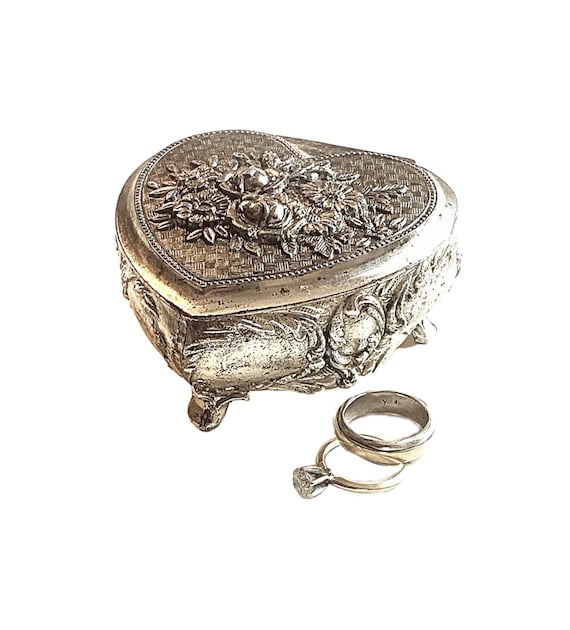 Floral Topped Heart Shaped Box, Silver Tone Heart 