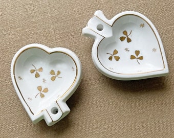 Windsor China Shamrock Ashtray Set, Made in Japan Ashtrays, Heart Shaped Clover Ashtrays with Gold Leaf Shamrocks, Two Ashtrays, Ashtray Set