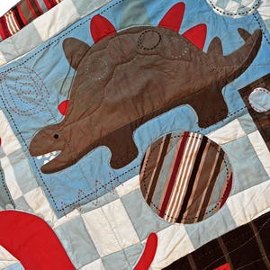 Vintage Baby Quilt, Handmade Dinosaur Baby Quilt, Baby Quilt, Small Blue Red Brown Dinosaur Monster Quilt, Small Baby Childs Print Quilt