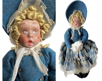 Lenci Type Doll, Alberani Vecchiotti Italy Lenci Like Doll in Blue Taffeta and Felt Hat Blonde Hair Painted Face, 8.5 Inch Lenci Style Doll