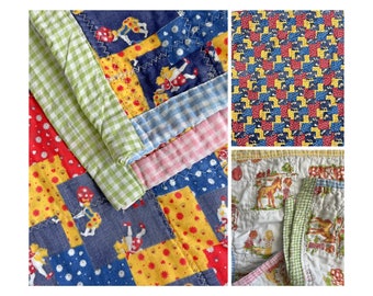 Vintage Baby Quilt, Handmade Holly Hobby Style Baby Quilt, Two Sided Baby Quilt, Small Blue Red Yellow Quilt, Small Baby Childs Print Quilt