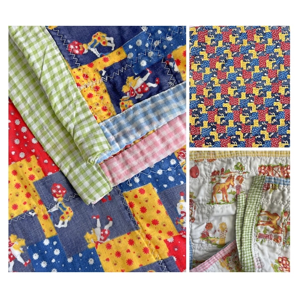 Vintage Baby Quilt, Handmade Holly Hobby Style Baby Quilt, Two Sided Baby Quilt, Small Blue Red Yellow Quilt, Small Baby Childs Print Quilt