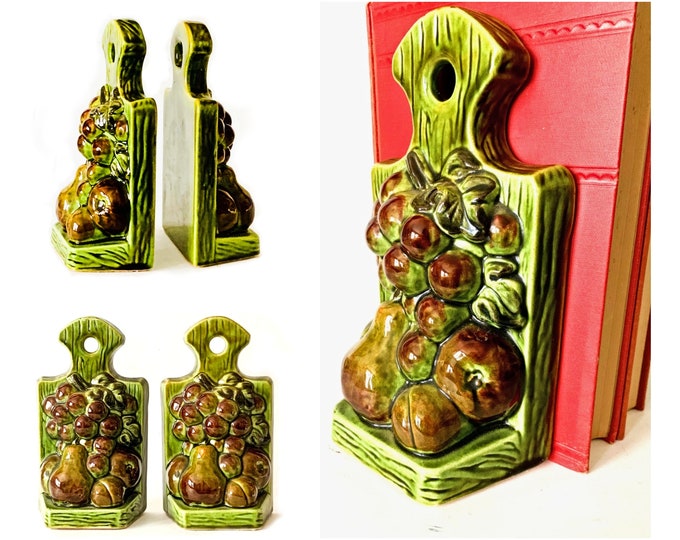 Ceramic Fruit Bookends, Cookbook Bookends, Vintage Green Ceramic Book Ends, Pear Grapes Plum