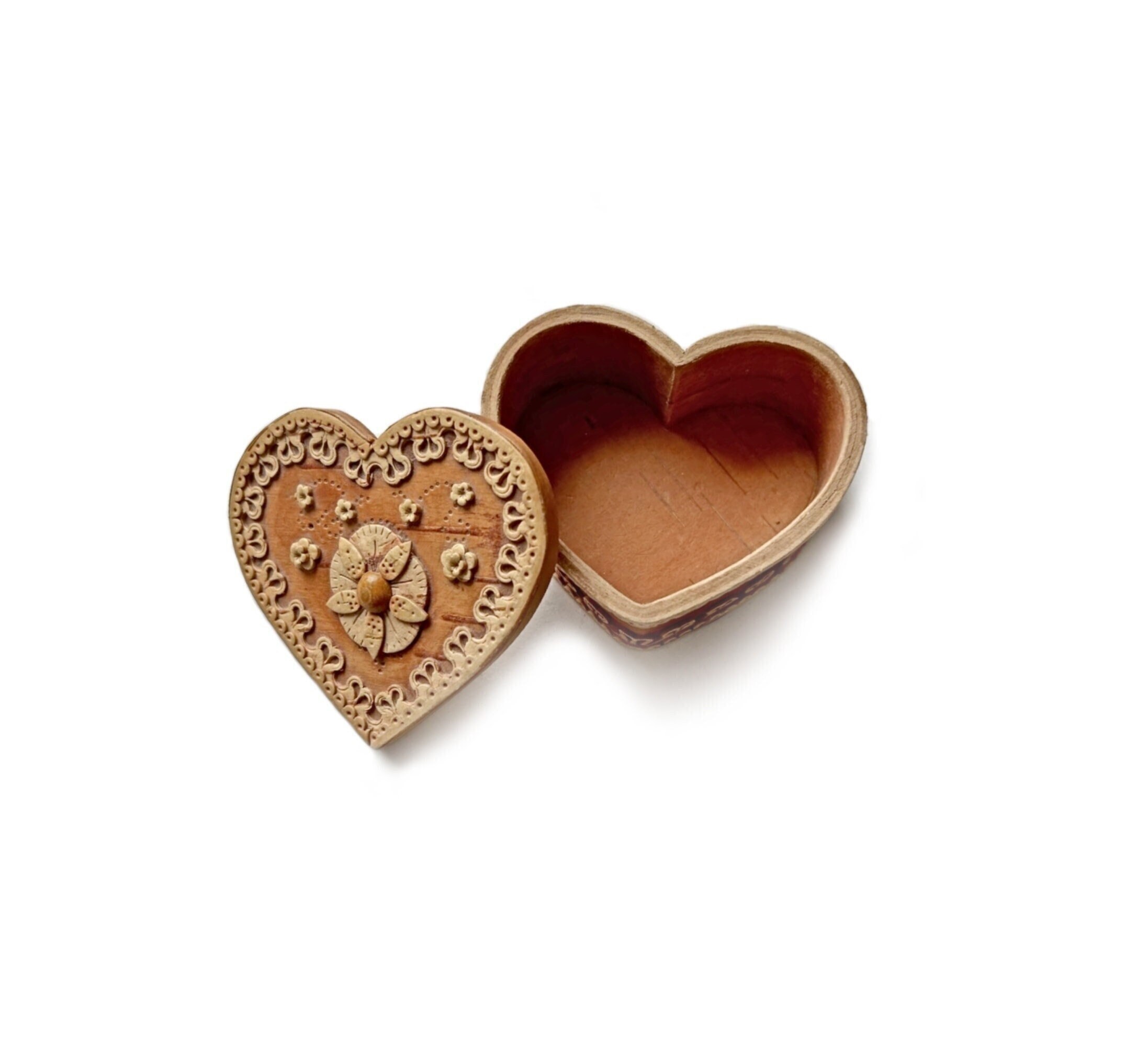 Boîte à Bijoux En Bois écorce Cœur - Artisanat Russe - Neuf Avec étiquettes - Déco Originale