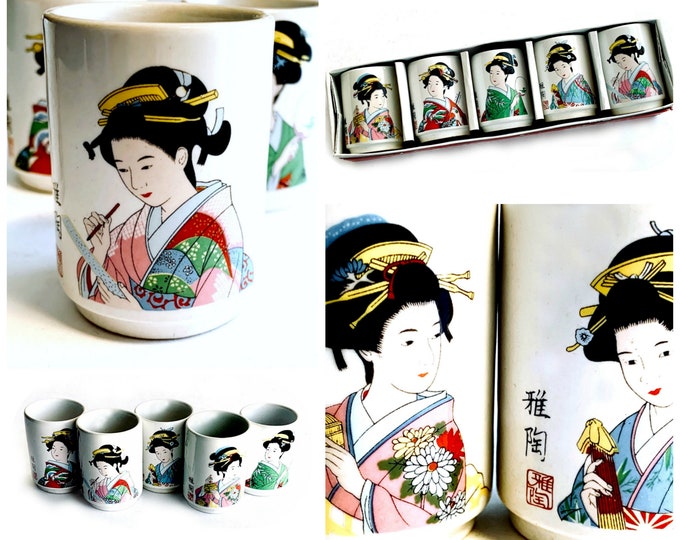 Geisha Sake Cup Set, Geisha Tea Cups, Five Geisha Japanese Sake Cups, 5