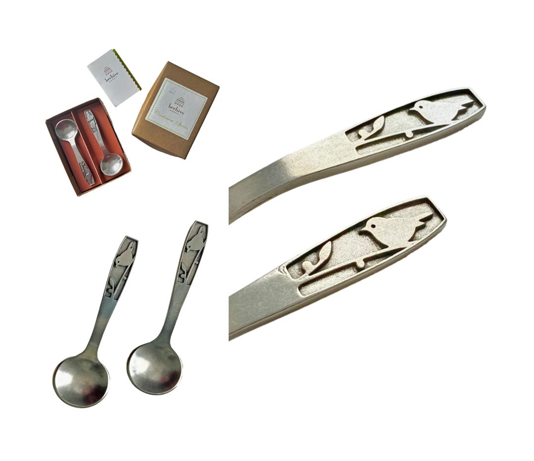 Handcrafted Pewter Spoon Set, Meadow Bird Pattern Beehive Spoons, Baby ...